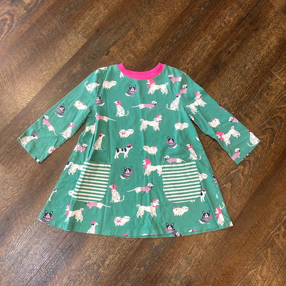 Mini Boden Green Long Sleeve Dress Tee with Pink Trim and Dog Print